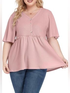 Plus Size Dusty Rose V-Neck Ruffle Peplum Tunic